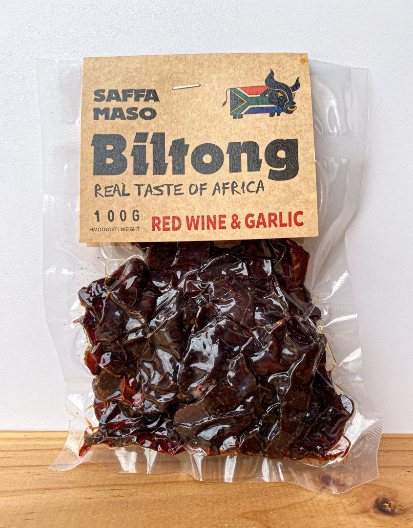 Sušené maso Biltong – červené víno & česnek - 100g
