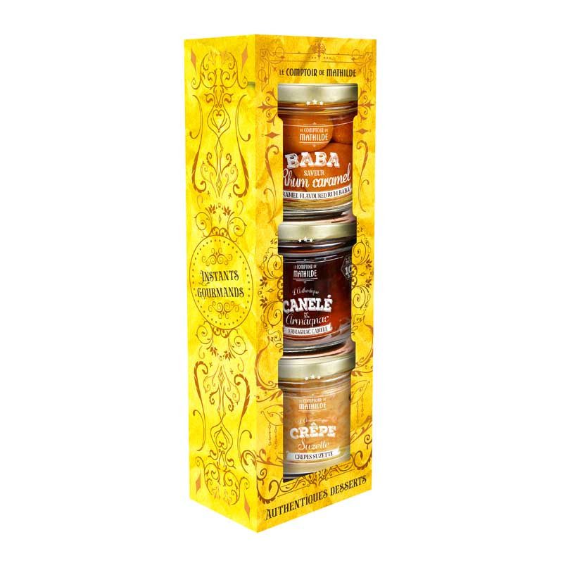 Dárková sada francouzských dezertů „Instants Gourmands“ – Baba au Rhum Caramel, Canelé & Crêpe Suzette – Le Comptoir de Mathilde - 3×100 g