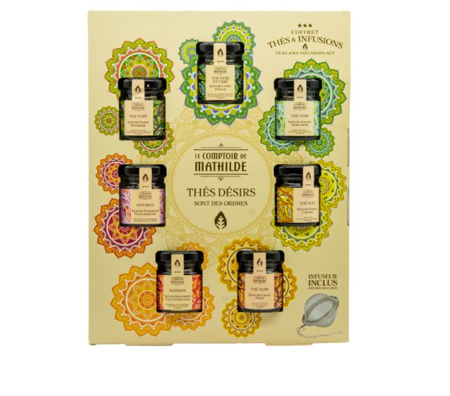 Dárkový set "Thés & Infusions – Thés désirs sont des ordres"  - Sedm sypaných čajů a bylinných směsí včetně nerezového infuzéru