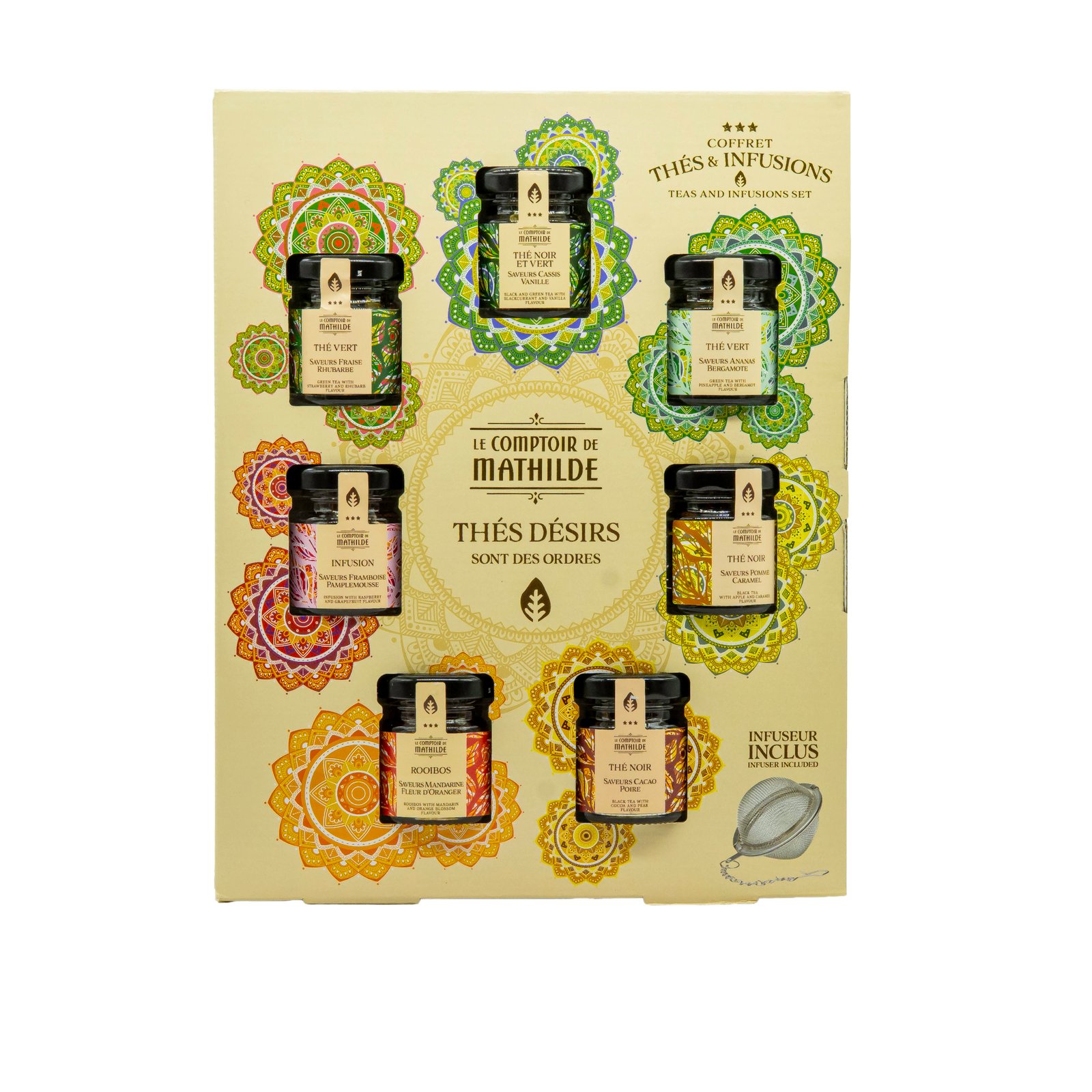 Dárkový set "Thés & Infusions – Thés désirs sont des ordres"  - Sedm sypaných čajů a bylinných směsí včetně nerezového infuzéru